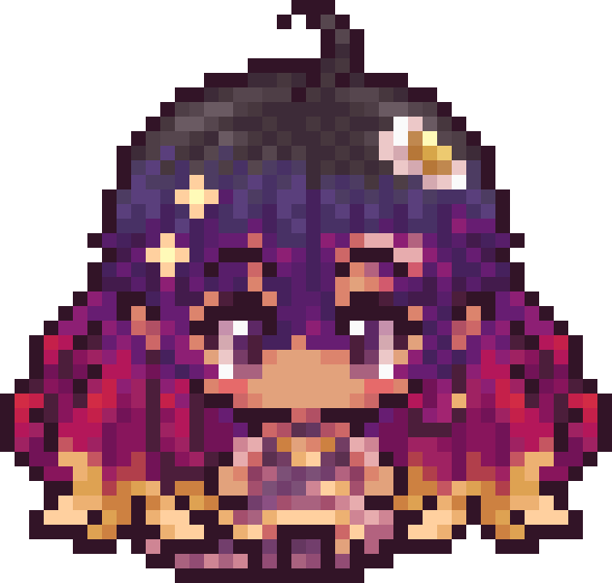 An animated drawing of Moon's character in pixel style. It is moving slightly up and down while winking. The character's hair is a gradient from purple to pink to yellow and she has an egg on her head.